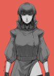  1girl :l coat collar ghost_in_the_shell gloves highres kusanagi_motoko looking_at_viewer medium_hair red_background signature solo stellarstatelogic 