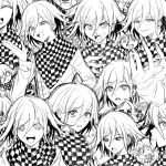  1boy :d anger_vein buttons checkered_clothes checkered_scarf danganronpa_(series) danganronpa_v3:_killing_harmony greyscale hair_between_eyes highres index_finger_raised long_sleeves looking_at_viewer male_focus medium_hair monochrome multiple_views oma_kokichi open_mouth scarf smile sweat teeth wa_noko 
