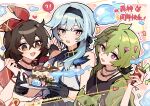  3girls alternate_costume alternate_hairstyle amber_(genshin_impact) asymmetrical_hair bare_shoulders baron_bunny_(genshin_impact) birthday_cake black_gloves black_hair black_hairband blue_hair breasts bright_pupils cake collei_(genshin_impact) crossed_bangs cuilein-anbar_(genshin_impact) english_text eula_(genshin_impact) fang fingerless_gloves food genshin_impact gloves green_hair hair_between_eyes hairband highres holding holding_plate kyou_039 large_breasts looking_at_another looking_down looking_to_the_side medium_hair multicolored_eyes multiple_girls open_mouth plate purple_eyes single_glove slime_(genshin_impact) smile teeth upper_body upper_teeth_only white_pupils 