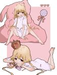  1girl absurdres barefoot blonde_hair blush brown_eyes candy crown cushion food full_body futaba_anzu highres idolmaster idolmaster_cinderella_girls lollipop long_hair long_shirt looking_at_viewer low_twintails lying multiple_views on_stomach shirt sketch swirl_lollipop t-shirt twintails usurai_rairai 