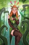  1girl artist_name blurry blurry_background blush brown_gloves brown_thighhighs circlet covering covering_breasts covering_crotch critical_role depth_of_field dress elbow_gloves elf fingerless_gloves freckles gloves green_dress green_eyes highres keyleth_(critical_role) long_hair looking_at_viewer olena_minko orange_hair outdoors patreon_username plant pointy_ears solo thighhighs vines watermark web_address 