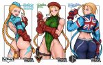  age_progression ass beret blue_jacket blue_leotard braid cammy_white cropped_jacket english_text garrison_cap green_leotard hat hershuar highleg highleg_leotard jacket leotard looking_at_viewer looking_back multiple_persona muscular muscular_female official_alternate_costume pants red_headwear scar street_fighter street_fighter_6 street_fighter_v street_fighter_zero_(series) thong_leotard tight tight_pants twin_braids union_jack 