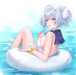  absurdres afloat azur_lane barefoot blue_eyes blue_sailor_collar blurry blurry_background blush bracelet breasts casual_one-piece_swimsuit covered_nipples double_bun feet food from_behind grey_hair hair_bun hair_ornament hairclip highres holding_popsicle innertube jade_(a_lick_of_summer)_(azur_lane) jade_(azur_lane) jewelry legs lemon_(user_kwfp8524) mole mole_under_eye neckerchief o-ring o-ring_thigh_strap one-piece_swimsuit popsicle sailor_collar short_hair sideboob swimsuit thigh_strap toes water white_innertube white_neckerchief white_one-piece_swimsuit 