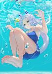  alternate_costume animal_ears armpits arms_up asphyxiation barefoot breasts bubble closed_mouth collarbone competition_swimsuit drowning empty_eyes forehead full_body grey_hair highres hishi_miracle_(umamusume) horse_ears horse_girl horse_tail medium_breasts nabe_puyo one-piece_swimsuit school_swimsuit swimsuit tail umamusume water 