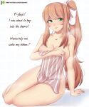  1girl absurdres artist_name breasts brown_hair cleavage collarbone commentary doki_doki_literature_club english_commentary english_text green_eyes hair_ribbon highres large_breasts legs light_blush long_hair looking_at_viewer monika_(doki_doki_literature_club) naked_towel nude parted_lips patreon_username ponytail raion_(raionart) ribbon sidelocks simple_background sitting smile solo steam thighs towel very_long_hair white_background white_ribbon yokozuwari 