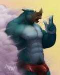  2011 abs anthro ayndrew balls_outline bottomwear bruno_rhynox bulge clothed clothing detailed_bulge facial_horn genital_outline hi_res horn male mammal muscular muscular_anthro muscular_male nipples nose_horn pecs penis_outline pubes rhinoceros shorts solo topless 