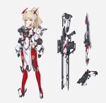  1girl arms_at_sides black_gloves blonde_hair breasts cancell expressionless full_body gloves grey_background gun half_gloves handgun high_heels highres long_hair mecha_musume medium_breasts orange_eyes original pelvic_curtain ponytail rifle science_fiction solo standing sword weapon 