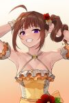  1girl ahoge armpits arms_behind_head arms_up breasts brown_hair cleavage collarbone dress drill_hair gradient_background grin highres idol_clothes idolmaster idolmaster_million_live! idolmaster_million_live!_theater_days kamille_(vcx68) looking_at_viewer medium_breasts medium_hair orange_background purple_eyes side_drill side_ponytail smile solo teeth upper_body yellow_dress yokoyama_nao 