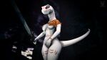  16:9 3d_(artwork) albino anthro blush breasts clothed clothing crusch_lulu digital_media_(artwork) eyelashes female foxibiki genitals hi_res lizard lizardman lizardman_(overlord) long_tail markings melee_weapon nude overlord_(series) pussy red_eyes reptile scalie smile solo source_filmmaker sword tail thick_tail tribal weapon white_body widescreen 