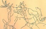  &lt;3 anthro antlers beastars blush bodily_fluids canid canine canis deer duo horn kiss_on_lips kissing legoshi_(beastars) louis_(beastars) male male/male mammal shirtless shirtless_male sweat tail tail_motion tailwag wolf wuffinarts 