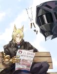  1boy 1other ^^^ animal_ear_fluff animal_ears arknights black_jacket black_pants blonde_hair blue_shirt collared_shirt commentary_request doctor_(arknights) english_text eyes_visible_through_hair gauntlets grey_necktie hair_over_one_eye highres holding horse_ears jacket mlynar_(arknights) necktie newspaper on_bench pants red_eyes romaji_commentary shirt sitting sleepyowl_(jobkung15) yaranaika 