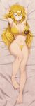  1girl absurdres armpits arms_behind_head barefoot bikini blonde_hair breasts clenched_teeth commentary dakimakura_(medium) english_commentary full_body highres incredibly_absurdres large_breasts long_hair looking_at_viewer lowleg lowleg_bikini naughty_face navel purple_eyes ravenravenraven rwby side-tie_bikini_bottom smile solo swimsuit teeth toes yang_xiao_long yellow_bikini 