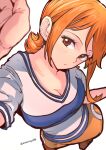  1girl aosora2823 blue_shirt blurry blurry_foreground blush breasts brown_eyes cleavage closed_mouth commentary contrapposto english_commentary expressionless from_above highres looking_at_viewer medium_breasts miniskirt nami_(one_piece) one_piece orange_hair orange_skirt shirt short_hair simple_background skirt solo standing striped striped_shirt twitter_username two-tone_shirt white_background white_shirt 