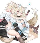  2girls absurdres animal_ear_fluff animal_ears belt_collar black_collar black_jacket blonde_hair blue_hair blush breasts cleavage cleavage_cutout closed_eyes closed_mouth clothing_cutout collar cropped_jacket cropped_shirt dog_ears dog_girl dog_tail dress fishnet_socks fishnets frilled_shorts frills fur-trimmed_jacket fur_trim fuwawa_abyssgard hair_brush heart highres holding holding_hair_brush hololive hololive_english jacket large_breasts looking_back medium_hair mococo_abyssgard multicolored_hair multiple_girls pink_eyes pink_hair r_t9vt shirt short_shorts shorts siblings single_fishnet_legwear sisters smile socks spiked_collar spikes spoken_heart streaked_hair tail twins virtual_youtuber white_background white_dress white_shirt white_shorts 