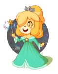  2016 animal_crossing anthro blonde_hair blush canid canine clothing cosplay crossover crossover_cosplay crown daisyein dress female hair hair_over_eye headgear isabelle_(animal_crossing) mammal mario_bros nintendo one_eye_obstructed open_mouth open_smile rosalina_(mario) signature simple_background smile solo super_mario_galaxy text url wand 