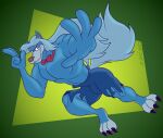  2023 3_toes 4_fingers animaniacs anthro blue_body blue_claws blue_fur blue_hair bottomwear bow_tie canid canine claws clothed clothing feet fingers fur gavanzude geometric_background green_background hair hi_res looking_at_viewer male mammal muscular muscular_male pants paws pecs pose signature simple_background smile toe_claws toes topless torn_bottomwear torn_clothing torn_pants warner_brothers were werecanid werecanine werewolf wilford_wolf 