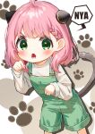  1girl :o ahoge anya_(spy_x_family) blush braid brown_background cat_tail child commentary_request cone_hair_bun double_bun green_eyes green_overalls green_shorts hair_behind_ear hair_between_eyes hair_bun hairpods hands_up highres leaning_forward long_sleeves looking_at_viewer medium_hair nyan open_mouth overall_shorts overalls paw_pose paw_print pink_hair shirt shorts sidelocks simple_background single_braid solo speech_bubble spy_x_family standing tail teeth tongue two-tone_background v-shaped_eyebrows white_background white_shirt zumi6 
