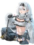  1girl :d absurdres animal_ears arknights aurora_(arknights) bear_ears black_gloves black_hairband black_shirt blue_eyes breasts cleavage commentary_request crop_top gloves grey_shorts hairband highres jacket large_breasts long_hair long_sleeves looking_at_viewer midriff navel open_mouth shima_(wideshi_ma) shirt short_shorts shorts simple_background smile solo stomach white_background white_hair white_jacket 