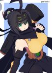  1girl ahoge bare_shoulders black_hair breasts carrying_over_shoulder clothes_around_waist duel_monster elbow_gloves forehead_protector gloves green_eyes highres jacket jacket_around_waist large_breasts meda_otoko ponytail s-force_rappa_chiyomaru s:p_little_night shirt sleeveless sleeveless_shirt smile solo twitter_username yu-gi-oh! 