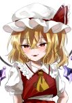  1girl ascot blonde_hair blush commentary_request crossed_bangs crystal fangs flandre_scarlet flat_chest frilled_shirt_collar frills hair_between_eyes half-closed_eyes hand_on_own_hip hat highres medium_hair midoro29 mob_cap one_side_up parted_lips puffy_short_sleeves puffy_sleeves red_eyes red_skirt red_vest short_sleeves simple_background skirt skirt_set slit_pupils solo straight-on teeth touhou upper_teeth_only vampire vest white_background wings yellow_ascot 