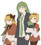  1girl 2boys arm_hug black_jacket black_pants blonde_hair bow bowtie brown_bow brown_bowtie brown_hairband brown_pantyhose capelet closed_mouth collared_shirt green_eyes green_hair green_necktie hair_bow hairband highres jacket lobotomy_corporation long_hair long_sleeves mu46016419 multiple_boys necktie netzach_(project_moon) orange_capelet orange_skirt pants pantyhose project_moon puffy_long_sleeves puffy_sleeves shirt simple_background skirt smile tiphereth_a_(project_moon) tiphereth_b_(project_moon) very_long_hair white_background white_shirt 