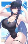  1girl adjusting_clothes adjusting_headwear armpits bare_shoulders beach black_choker black_headwear black_mask black_one-piece_swimsuit blue_archive blue_eyes blue_hair blue_sky blunt_bangs blurry blurry_background border breasts choker cleavage cloud collarbone commentary_request competition_swimsuit cosplay covered_navel cowboy_shot curvy dark_blue_hair day depth_of_field from_side groin hair_between_eyes half-closed_eyes halo hands_up high_ponytail highleg highleg_swimsuit highres kanta_(kanta_077) large_breasts light_blush long_hair looking_at_viewer ocean one-piece_swimsuit outdoors outside_border ponytail railing saori_(blue_archive) scowl shiroko_(blue_archive) shiroko_(swimsuit)_(blue_archive) shiroko_(swimsuit)_(blue_archive)_(cosplay) sideboob sidelocks sky slit_pupils solo standing straight_hair swimsuit taut_clothes thick_thighs thigh_strap thighs two-tone_swimsuit v-shaped_eyebrows very_long_hair visor_cap water wet wet_clothes wet_swimsuit whistle whistle_around_neck white_border wide_hips wide_ponytail 