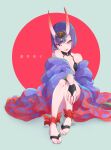  1girl bob_cut breasts character_name commentary_request fate/grand_order fate_(series) fingernails full_body hair_ornament highres horns oni_horns purple_eyes purple_hair purple_robe revealing_clothes robe sharp_fingernails sharp_toenails shuten_douji_(fate) sitting skin-covered_horns small_breasts solo toenails tongue tongue_out yonchi 