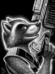  2023 anthro claws clenched_teeth fangs fur guardians_of_the_galaxy half-length_portrait hi_res holding_object holding_weapon looking_back male mammal marvel nikraccoom portrait procyonid raccoon rocket_raccoon side_view signature solo teeth weapon 