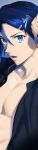  1boy bare_pectorals black_shirt blue_background blue_eyes collarbone hair_ornament hairclip hayate_immelmann highres leaning_back looking_at_viewer macross macross_delta male_focus mosako open_clothes open_shirt parted_lips pectoral_cleavage pectorals shirt solo 