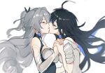  2girls ahoge black_hair blue_hair breasts bronya_rand bronya_zaychik bronya_zaychik_(silverwing:_n-ex) closed_eyes couple drill_hair earrings grey_hair highres holding_hands honkai:_star_rail honkai_(series) honkai_impact_3rd jewelry kiss long_hair mie_xing multiple_girls seele_(honkai:_star_rail) shirt short_sleeves simple_background upper_body very_long_hair white_background white_shirt white_sleeves yuri 