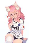  1girl adidas animal_ear_fluff animal_ears animal_nose arm_support blush breasts canadian_flag character_request clothes_writing copyright_request english_commentary english_text feet_out_of_frame fingernails hair_between_eyes head_tilt heart highres horns large_breasts long_hair looking_at_viewer one_eye_closed pink_eyes pink_hair puppyypawss shadow shirt short_shorts short_sleeves shorts simple_background sitting solo sparkle sportswear star_(symbol) t-shirt thick_thighs thighhighs thighs tongue tongue_out white_background white_shirt 