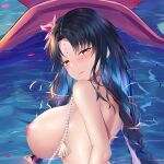  1girl black_hair braid breasts facial_mark fate/grand_order fate_(series) feng_mouren flower forehead_mark from_side hair_flower hair_ornament jewelry large_breasts long_hair multicolored_hair necklace nipples partially_submerged pearl_necklace petals petals_on_liquid pink_flower pink_hair sessyoin_kiara sessyoin_kiara_(swimsuit_mooncancer)_(first_ascension) solo streaked_hair topless twin_braids upper_body water 