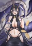  1girl azur_lane black_dress black_hair blue_eyes breast_curtains breasts chain cleavage dress golden_hind_(azur_lane) highres koyonee large_breasts long_hair looking_at_viewer open_mouth revealing_clothes stomach tentacles tongue tongue_out 