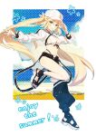  1girl arm_up artoria_caster_(fate) artoria_caster_(swimsuit)_(fate) artoria_pendragon_(fate) asymmetrical_clothes asymmetrical_pants baggy_pants baseball_cap beach bikini black_footwear black_pants blonde_hair breasts cropped_jacket english_text fate/grand_order fate_(series) full_body green_eyes grin hand_on_headwear hat hat_tip highres jacket kabutomushi_s leg_up light_blush long_hair long_sleeves looking_at_viewer navel ocean open_pants outstretched_arm pants platform_footwear polka_dot puffy_long_sleeves puffy_sleeves ribbon sand sandals single_bare_leg single_pantsleg sky small_breasts smile solo spread_fingers standing standing_on_one_leg striped striped_jacket striped_ribbon swimsuit twintails white_bikini white_headwear white_jacket white_wristband 