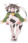  &lt;3 absurd_res anthro bell big_breasts black_and_white_fur bovid bovine breasts cattle cleavage clothed clothing ear_piercing female hi_res jacket lumpypaca mammal nipples one_eye_closed piercing red_eyes simple_background solo topwear 