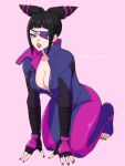  1girl biker_clothes bikesuit black_hair blunt_bangs bodysuit breasts cleavage epuusa fingerless_gloves gloves hair_horns han_juri highres pink_background red_eyes red_nails solo street_fighter tongue tongue_out 