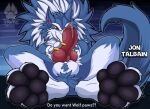  absurd_res anthro balls bodily_fluids canid canine canis capcom darkstalkers english_text genital_fluids genitals hi_res jon_talbain knot male mammal pawpads paws pawzzhky precum solo text wolf 