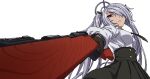  1girl black_gloves blue_archive brilliantko dark-skinned_female dark_skin foreshortening gloves grey_hair gun hair_over_one_eye hair_ribbon halo iori_(blue_archive) long_hair perspective red_eyes ribbon rifle skirt solo twintails weapon 