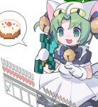  1girl animal_hat apron bell black_dress boned_meat bow bowtie cake cat_hat dejiko di_gi_charat dress food green_eyes green_hair hair_bell hair_ornament hat heads-up_display heart holding holding_sword holding_weapon jingle_bell maid_apron meat minecraft minecraft_sword mittens morizo_(morizoshop) neck_bell open_mouth short_hair short_sleeves solo speech_bubble sword weapon white_background white_mittens 