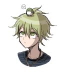  1boy amami_rantaro animal animal_on_head bird bird_on_head closed_mouth cropped_shoulders danganronpa_(series) danganronpa_v3:_killing_harmony earrings green_eyes green_hair highres jewelry looking_up male_focus messy_hair necklace on_head portrait shirt short_hair simple_background solo speech_bubble striped striped_shirt suiren_yurei translation_request white_background 