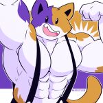  1:1 anthro calico_cat clothed clothing digital_media_(artwork) domestic_cat epic_games felid feline felis fizzyjay fortnite fur hi_res looking_at_viewer male mammal meowscles muscular muscular_anthro muscular_male pecs simple_background smile solo tail 