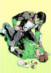  2boys artist_name bara black_bodysuit black_hair blush bodysuit boots bowl brown_hair chocolate covered_abs cream dc_comics domino_mask evinist fingerless_gloves food fruit gloves green_bodysuit green_gloves green_lantern green_lantern_(series) hal_jordan highres holding holding_bowl jewelry kyle_rayner large_pectorals lying male_focus marshmallow mask multiple_boys muscular muscular_male on_back pectorals ring short_hair sitting sitting_on_person strawberry thick_thighs thighs two-tone_bodysuit white_bodysuit white_chocolate white_gloves yaoi 
