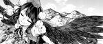  1girl bird_wings closed_eyes closed_mouth cloud collared_shirt greyscale hat highres monochrome mountain mountainous_horizon mouryou_(chimimouryou) outdoors pom_pom_(clothes) shameimaru_aya shirt short_hair sky smile solo tokin_hat touhou wings 