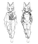  2023 anthro barefoot biped bottomwear bulochka canid canine clothed clothing eyebrows feet female fox full-length_portrait fully_clothed greyscale hair hi_res hindpaw jacket mammal monochrome pants paws portrait shirt simple_background sketch snout solo standing topwear walking white_background 