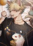  1boy animal_ear_fluff animal_ears artist_name bakugou_katsuki black_shirt blonde_hair boku_no_hero_academia cat cat_ears cat_teaser cheese clenched_teeth commentary_request earrings fang food hand_up jewelry lens_flare light_particles looking_at_viewer lying male_focus mouse mouth_hold multiple_earrings on_back parted_lips raineemeow red_eyes shirt solo spiked_hair teeth thai_commentary v-shaped_eyebrows yarn yarn_ball 