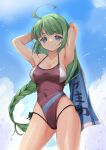  1girl absurdres ahoge armpits arms_behind_head blue_eyes blue_sky braid breasts brown_one-piece_swimsuit casual_one-piece_swimsuit cleavage cloud commentary_request contrapposto green_hair highres kantai_collection long_hair looking_at_viewer mole mole_under_mouth multicolored_clothes multicolored_swimsuit one-piece_swimsuit side-tie_swimsuit single_braid sky solo standing swimsuit towel very_long_hair yashin_(yasinz) yuugumo_(kancolle) 