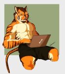  absurd_res anthro black_bottomwear black_clothing black_shorts bone bottomwear clothing depictionexpress felid feline hi_res laptop_on_lap male mammal muscular muscular_anthro muscular_male nipples pantherine resting_bitch_face shorts sitting solo solo_focus tiger 