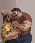  2boys absurdres arm_behind_back arm_hair bara beard belt blush bulge character_request chest_hair collared_shirt dark-skinned_male dark_skin denim eye_contact facial_hair feet_out_of_frame from_side hairy hawaiian_shirt highres jeans kabedon large_pectorals looking_at_another male_focus mature_male multiple_boys muscular muscular_male mustache old old_man original pants pectorals recending_hairline red_shirt ross_(doodlrenzo) ross_(renzo) seductive_smile shirt short_hair smile standing suspenders thick_eyebrows wrinkled_skin yaoi 