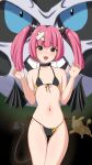  1girl :d absurdres bikini black_bikini blush collarbone commentary_request demon_tail demon_wings eyelashes fangs glalie grey_eyes hair_ornament hands_up highres horns kimowota_imo looking_at_viewer navel open_mouth pikachu pink_hair pokemon pokemon_(anime) pokemon_(creature) pokemon_horizons raised_eyebrows sango_(pokemon) side-tie_bikini_bottom smile swimsuit tail tongue twintails wings 