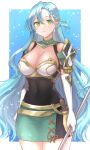  1girl absurdres aqua_hair armor bare_shoulders braid breastplate breasts chloe_(fire_emblem) cleavage commentary covered_navel cowboy_shot fire_emblem fire_emblem_engage green_eyes hazuki_(nyorosuke) highres holding holding_polearm holding_weapon large_breasts long_hair looking_at_viewer pegasus_knight_uniform_(fire_emblem) polearm revision shoulder_armor side_braid simple_background single_braid skin_tight smile solo swept_bangs very_long_hair weapon zettai_ryouiki 